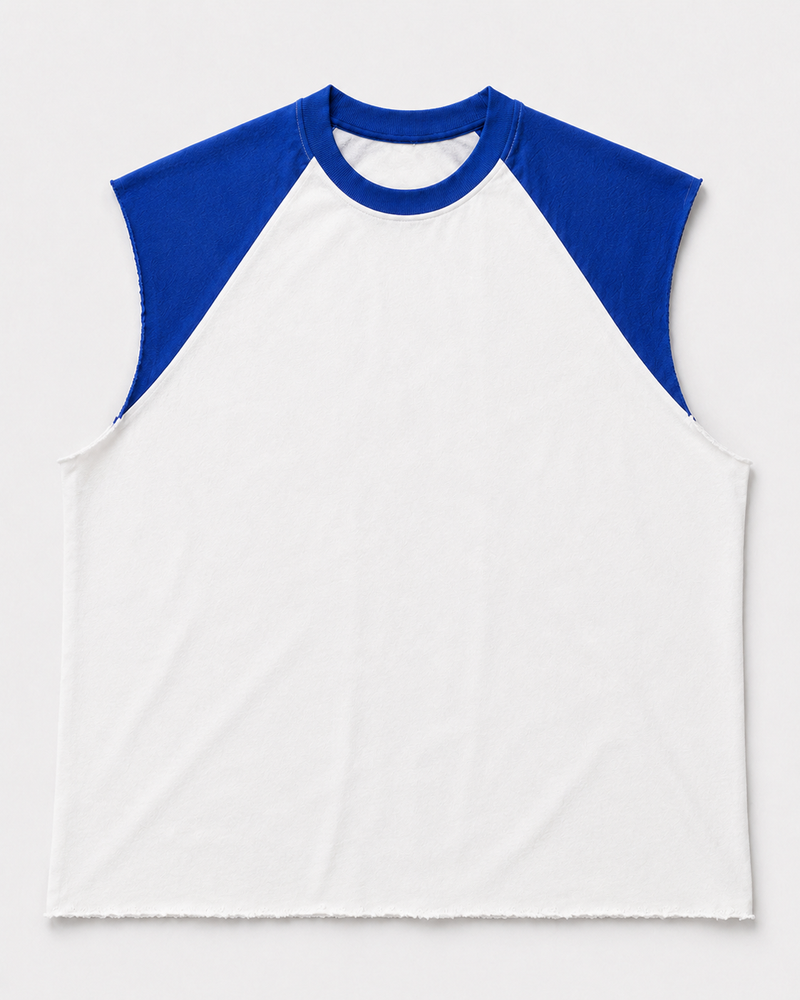 White-royal blue raglan cutoff tank