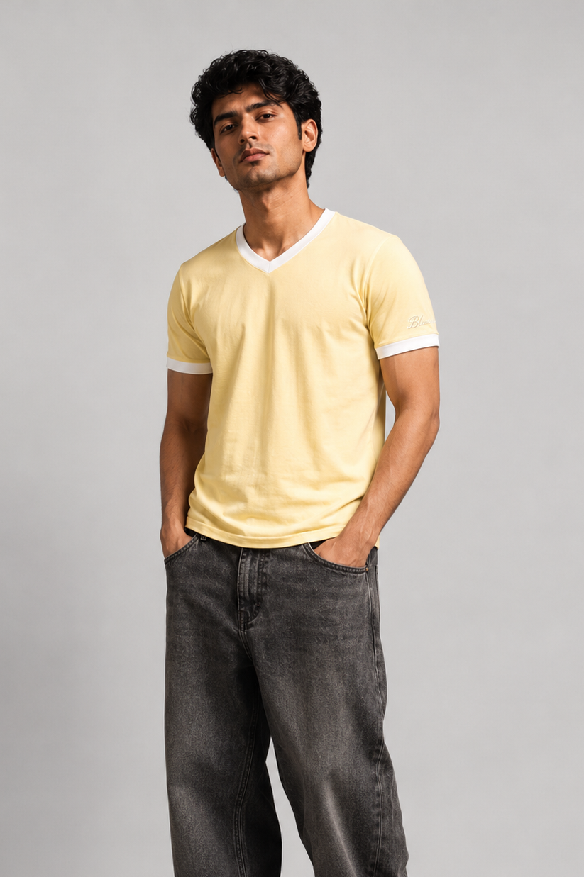 Butter Yellow Ringer V-Neck Tee