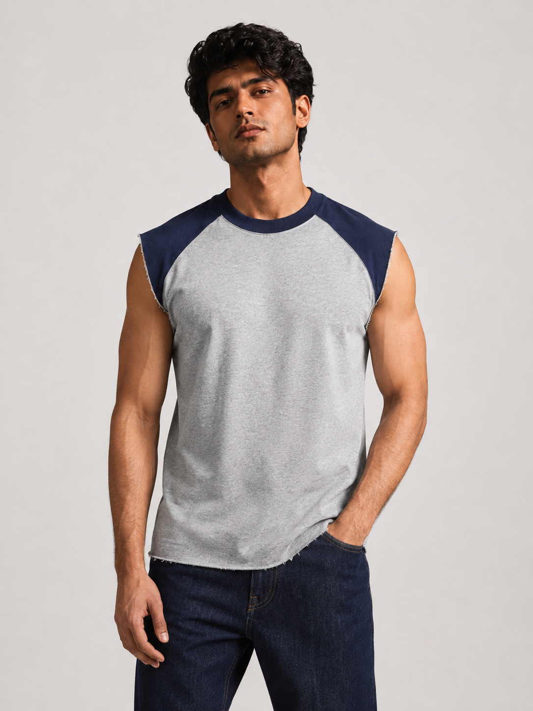 Grey-Navy Raglan Cutoff Tank