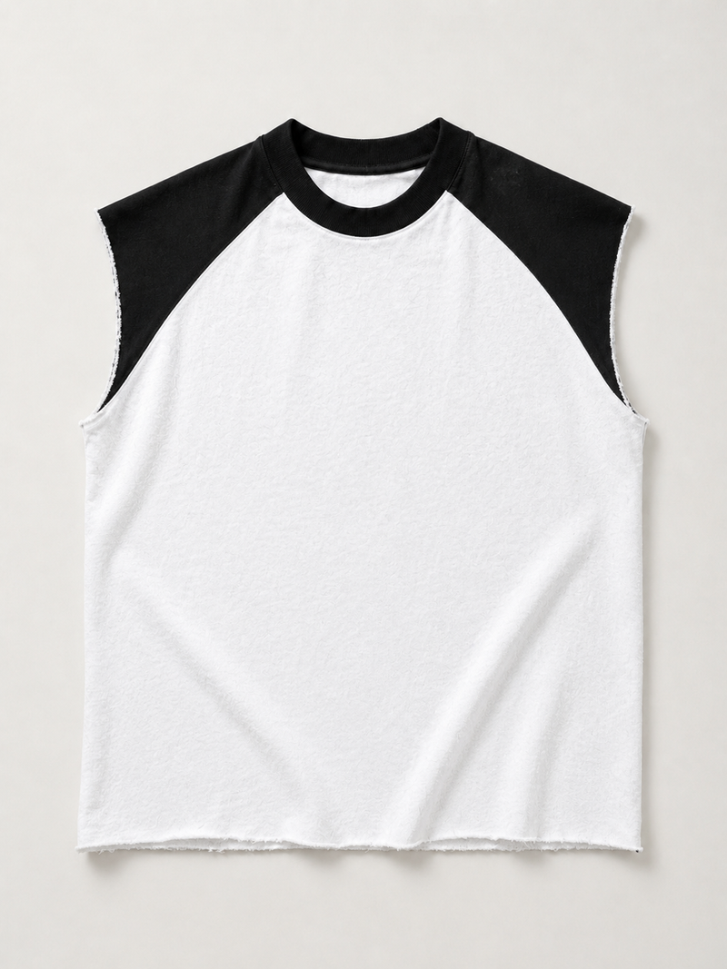 White-black raw Raglan Cutoff Tank