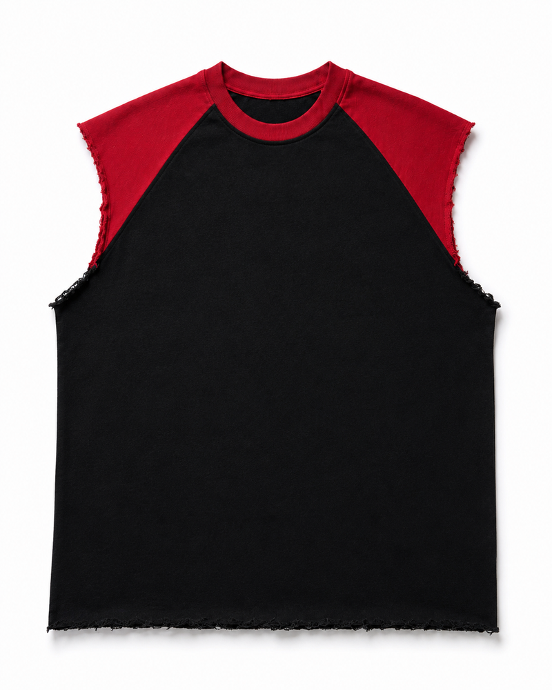 Black-red raw raglan cutoff tank