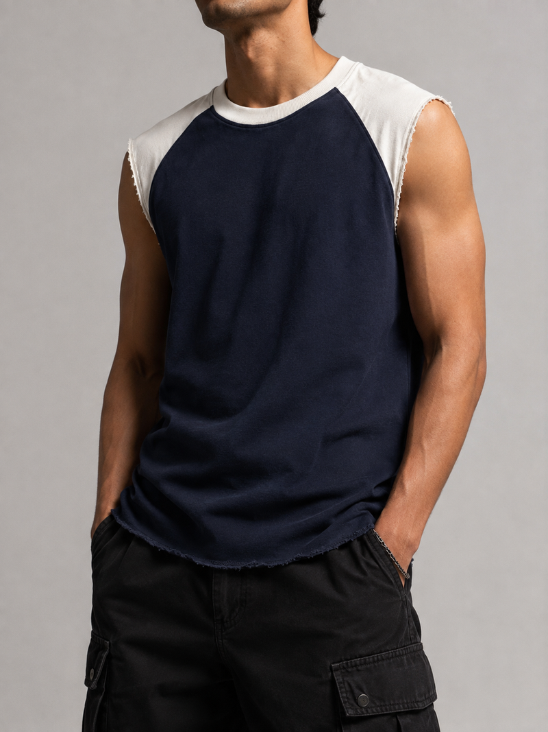 Navy-white raw raglan cutoff tank