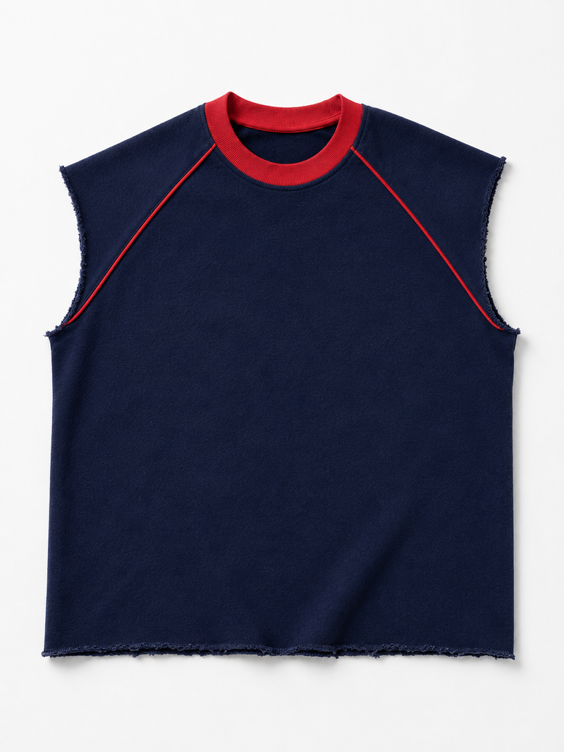 Navy-red Piped raw Raglan Tank