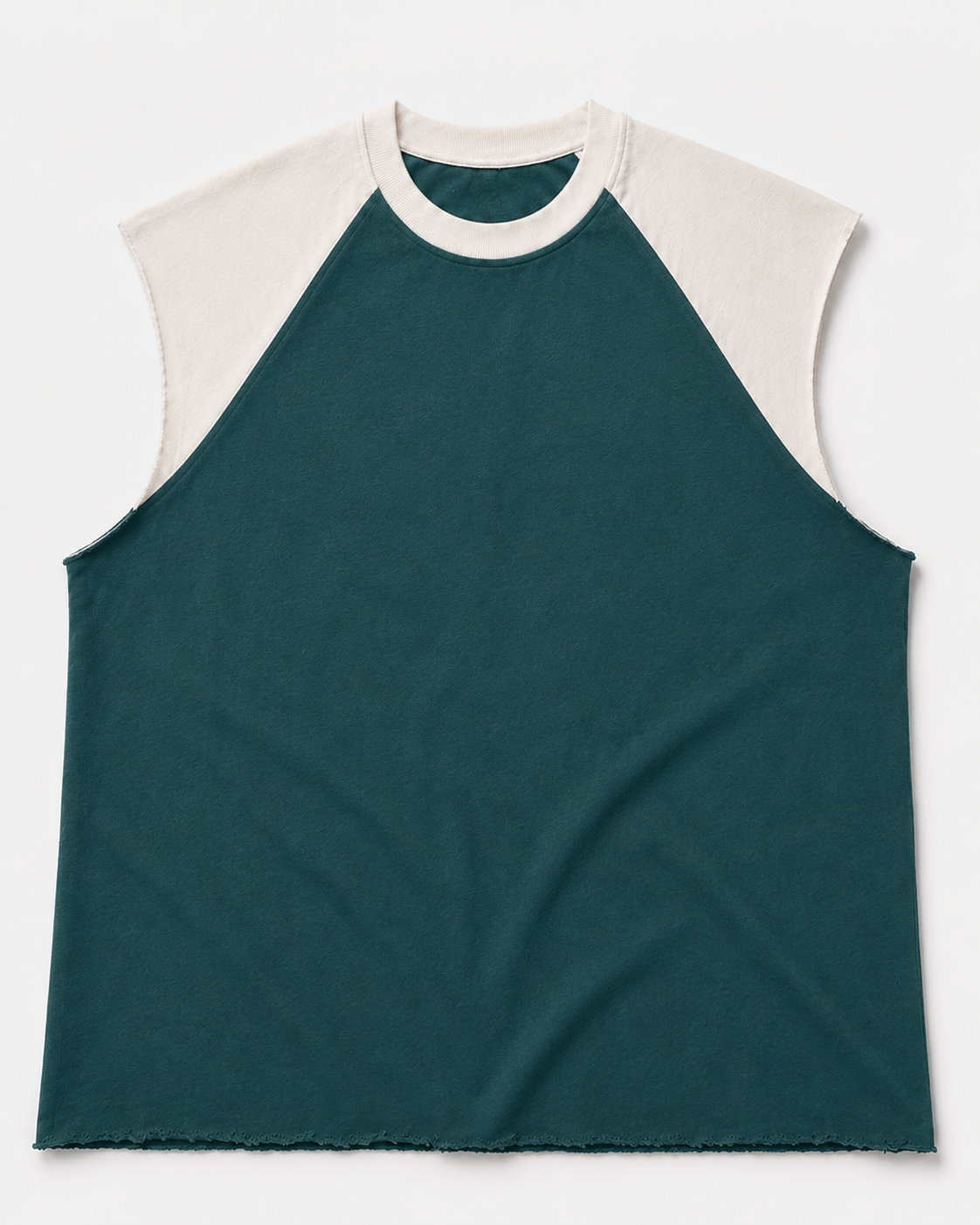Teal-white raw raglan cutoff tank
