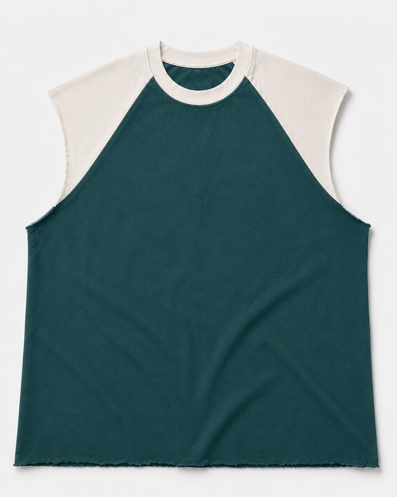 Teal-white raw raglan cutoff tank