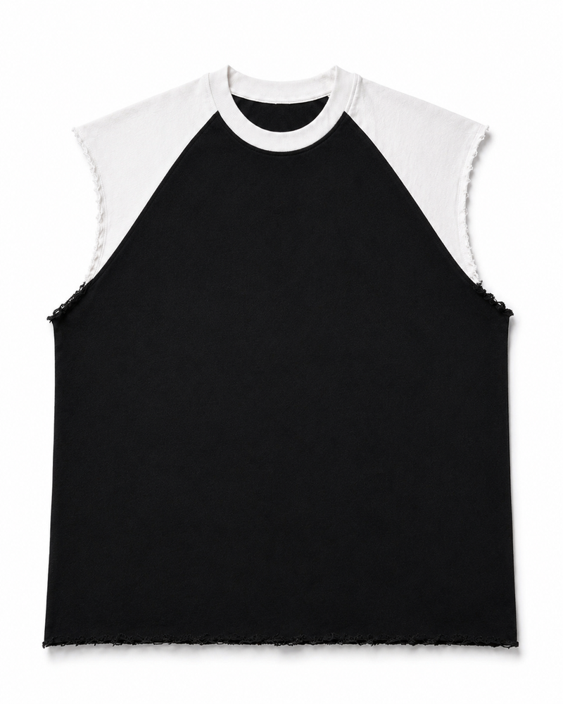 Black-white raw raglan cutoff tank
