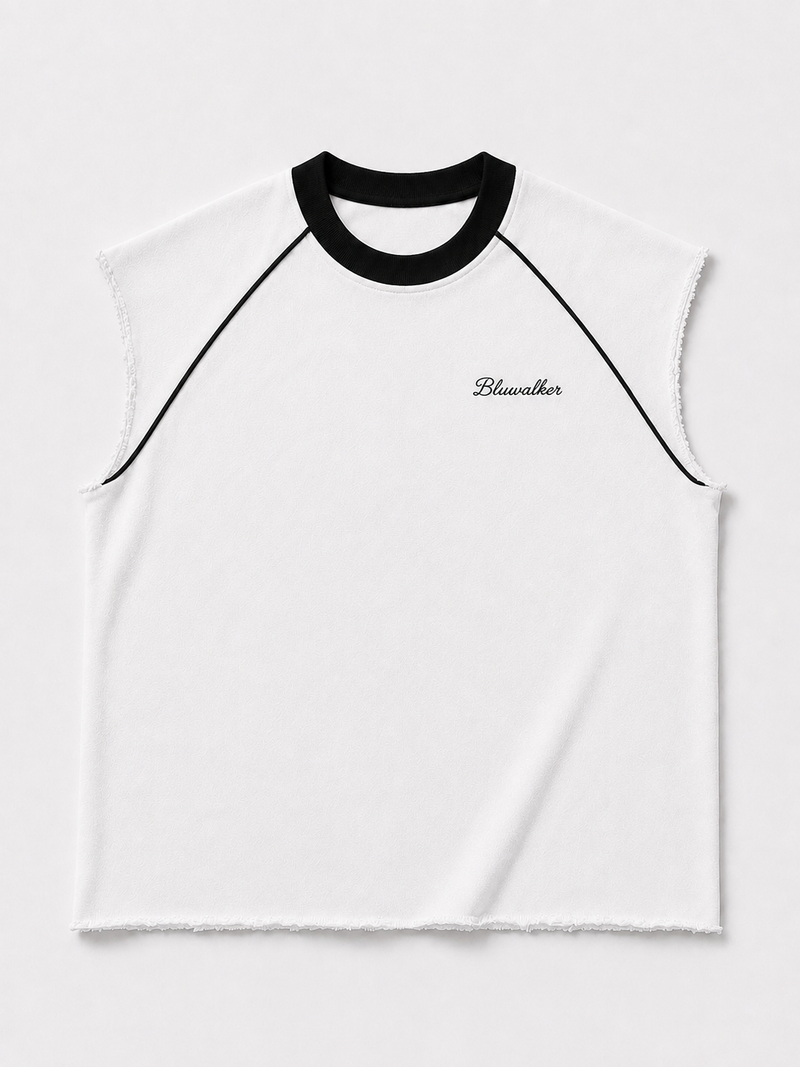 White-black piped raw raglan tank
