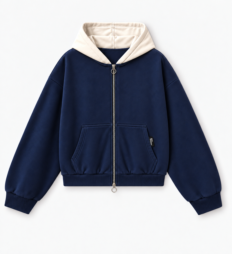 Dual-Zip Offbeat Hoodie — Navy / Off-White